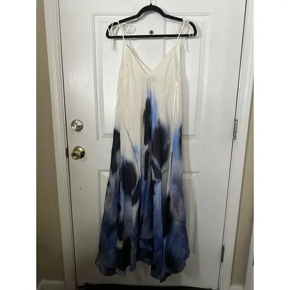 Zara Dress Womens Medium Blue White Tie Dye Maxi Ramie Summer Boho Flowy Beach - Picture 2 of 9